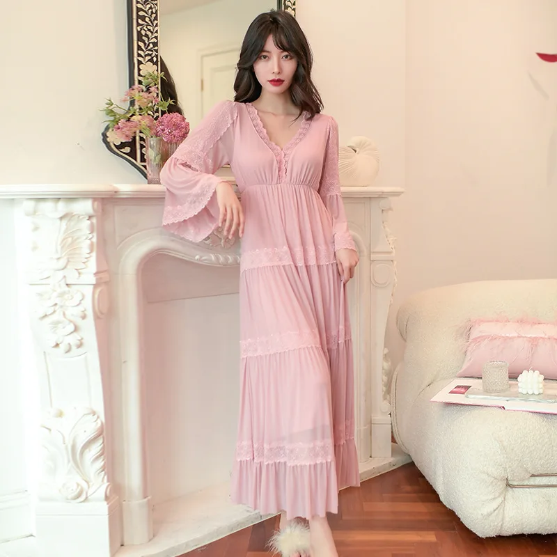Modal Nightdress with Brassiere Women's Spring Summer Long Sleeve Net Gauze Sweet Princess Court Nightdress Lace Sexy Home Wear