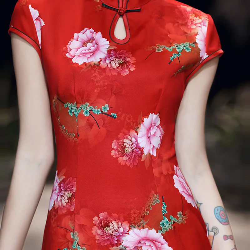

Red Plus Size Wedding Party Dress Gown Sexy Satin Female Long Qipao Print Flower Cheongsam Elegant Mandarin Collar Vestidos