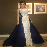 2021 sparkly sequins prom dresses navy long train formal evening party wear evening gowns plus size pageant dresses