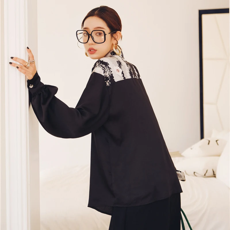 

XIZIHUPAN Black Floral Patchwork Shirt For Women Lapel Collar Lantern Sleeve Women's Shirts 2021 Fashion Korean Style Clothing