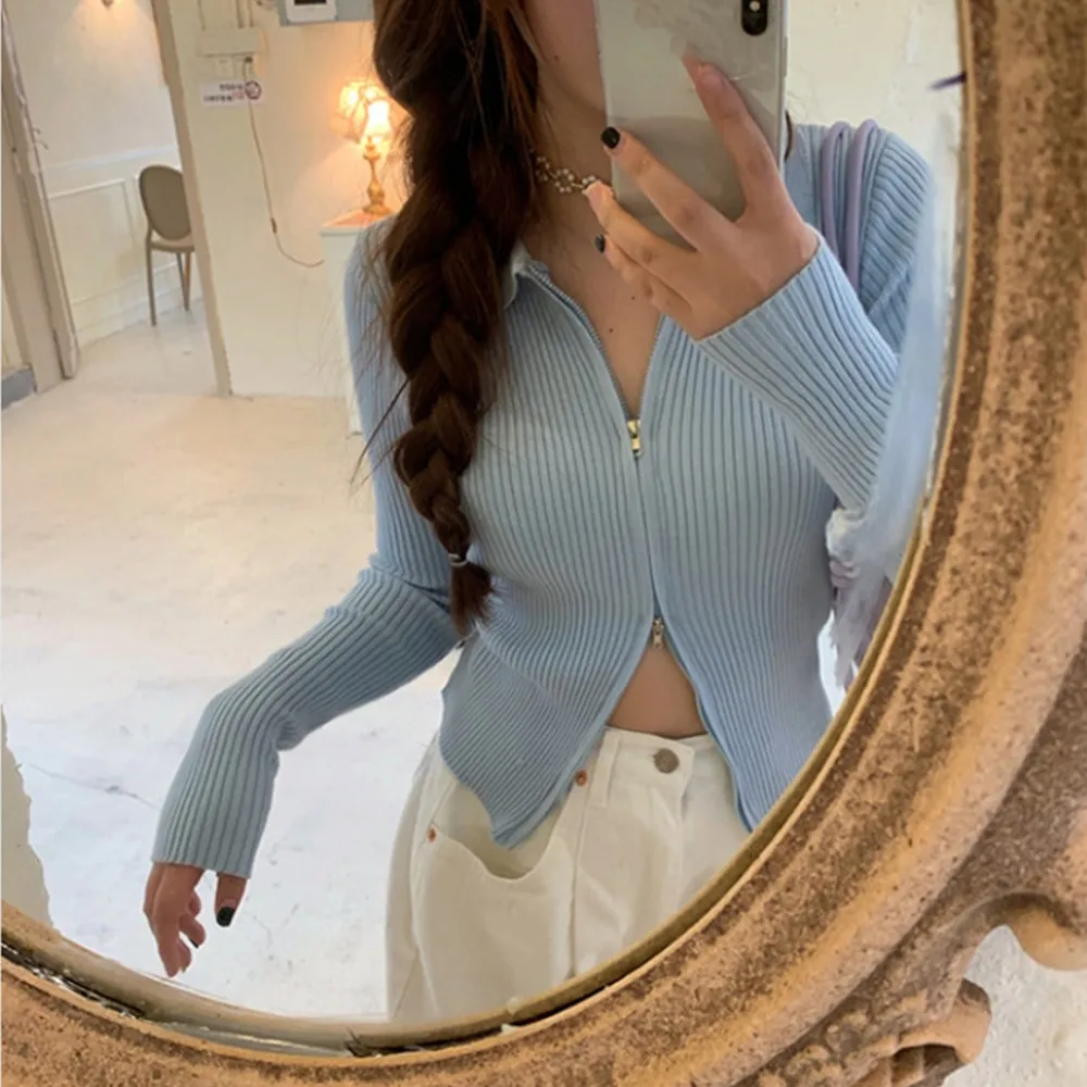 

Women's Sweater Outwear Double Zippers Design Long Sleeve Short Slim Coat Jacket Solid Sexy Ribbed Knit Sweaters Early Autumn