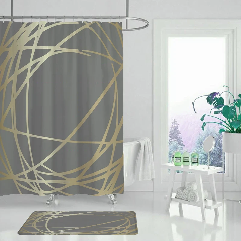 Штора для душа черная Золотая с рисунком скелета листьев природного дерева
