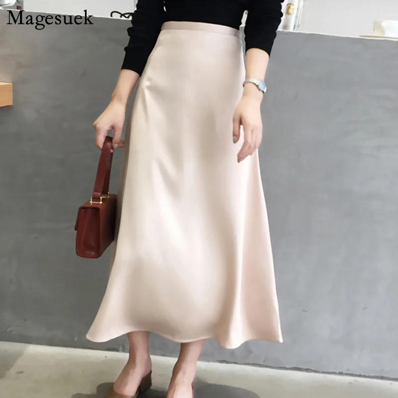 

Fashion Elegant Women Skirt 2021 Autumn Slim Plain Skirt Shiny Vintage Skirts Womens Solid High Waist Long Skirts For Women 9645