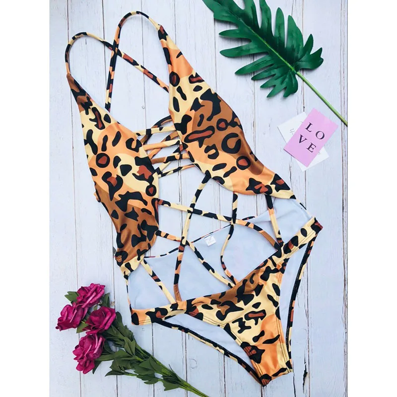 

Bikinis Sexy fashion 2019 one piece swimsuit Solid Bathing Suit Beach Backless Swimsuit swimwear for women Bandage Leopard Print