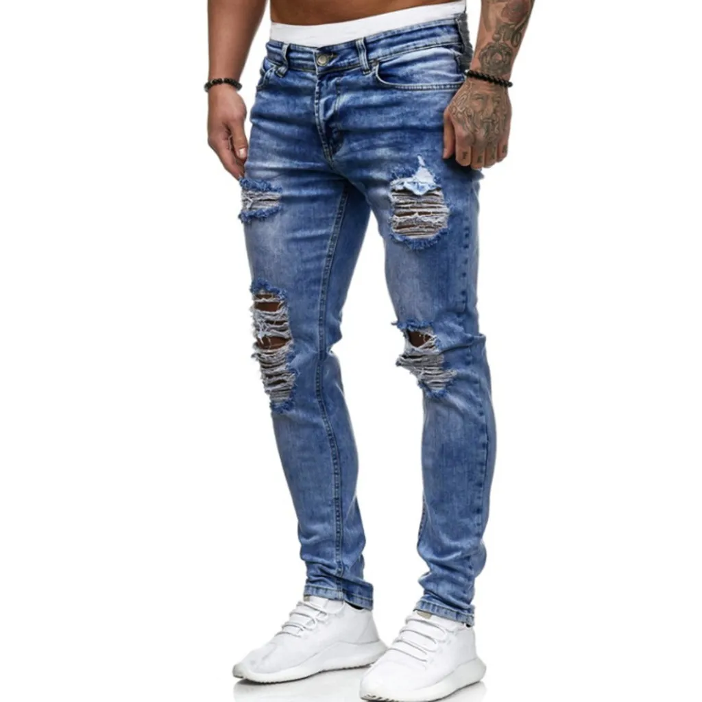 Рваные джинсы для мужчин повседневные облегающие брюки slim Fit из денима в