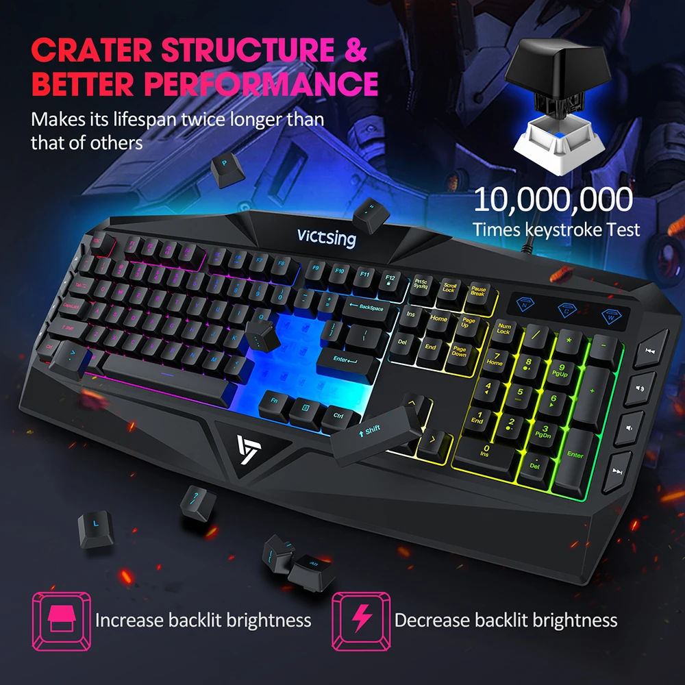 Проводная игровая клавиатура VicTsing PC225 Радужный светодиодный экран с подсветкой