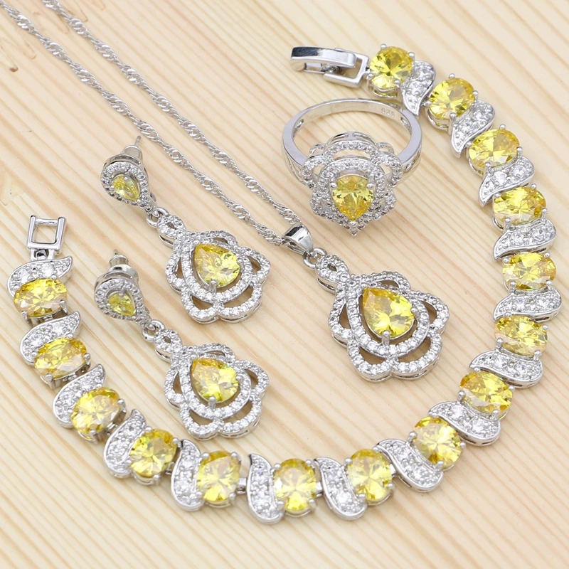 

Серебро 925 пробы набор украшений для женщин юбилей аксессуары желтый кубический цирконий серьги ожерелье браслет кулон кольцо