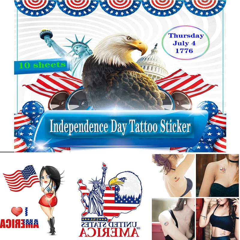 

10pcs Tattoo Sticker Independence Day Tattoo Sticker Face Waterproof Sweat Decoration Props Disposable Temporary Tattoo