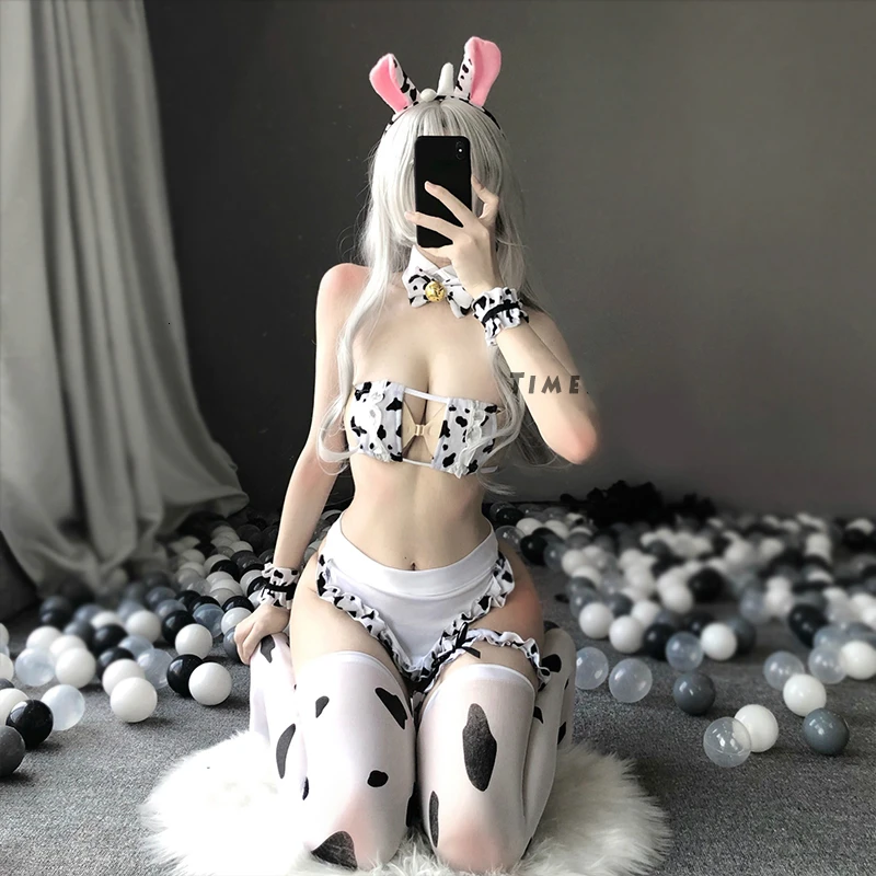 

2020 Oct New Cos Cow Cosplay Costume Maid Tankini Bikini Swimsuit Anime Clothing Lolita Bra and Panty Set Stockings Sexy Servant