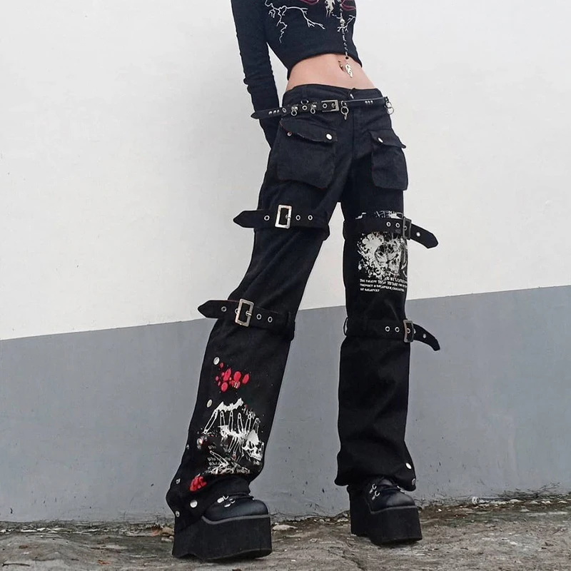

Street Punk Skull Print Black Buckle Pants Harajuku High Waist Big Pocket Trousers Goth Mall Grunge Cargo Pants Techwear