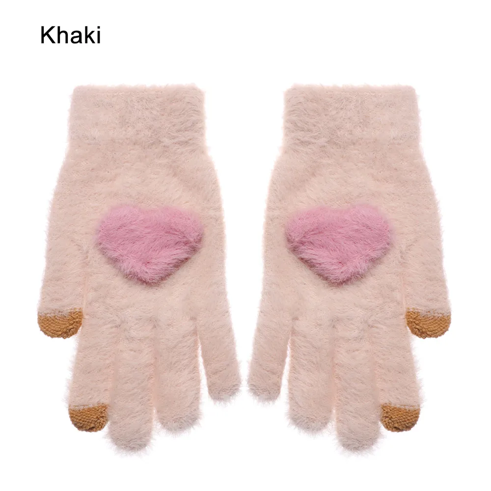 khaki 1 пара, женские вязаные перчатки, зимние шерстяные теплые перчатки для девочек, милые мягкие розовые рукавицы с кроликом и сердцем, перчатки с сенсорным экраном, высокое качество - Цвет: khaki