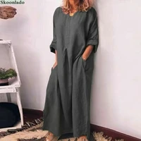 overseas all sizes newest autumn long sleeve cotton linen dresses women good quality cotton female clothes elegant solid o neck