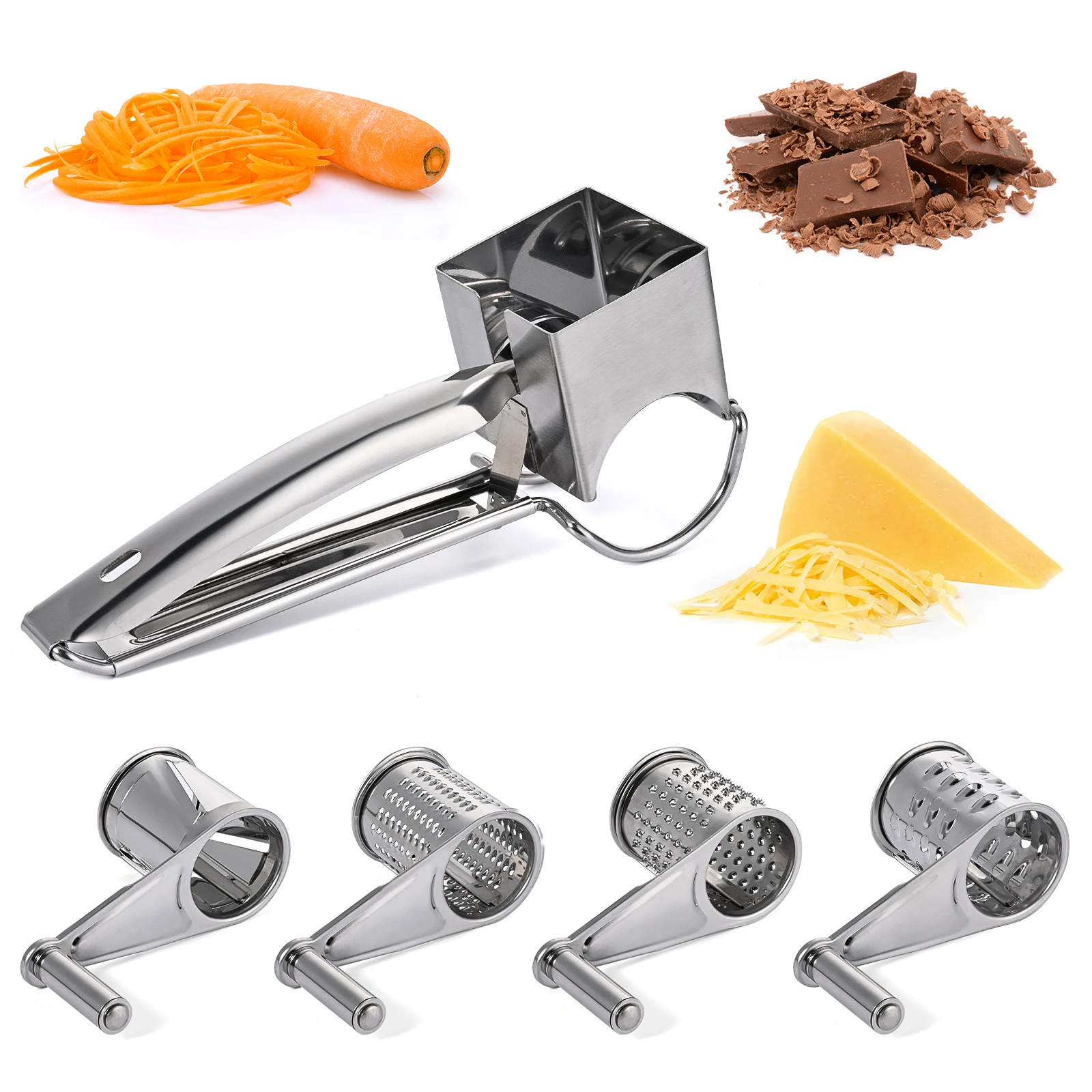 

4pcs Multifunctional Stainless Steel Cheese Grater With Container Hand Held Rotary Shredder Cutter Slicer Hand-crank Kichen Tool