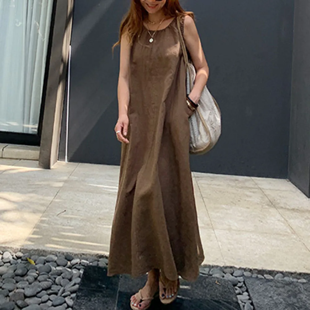 

Summer Women's Dress 2021 A-Line Korean Style Sleeveless Solid Loose Linen Vest Pullover Plain All-Season Office Lady Dress