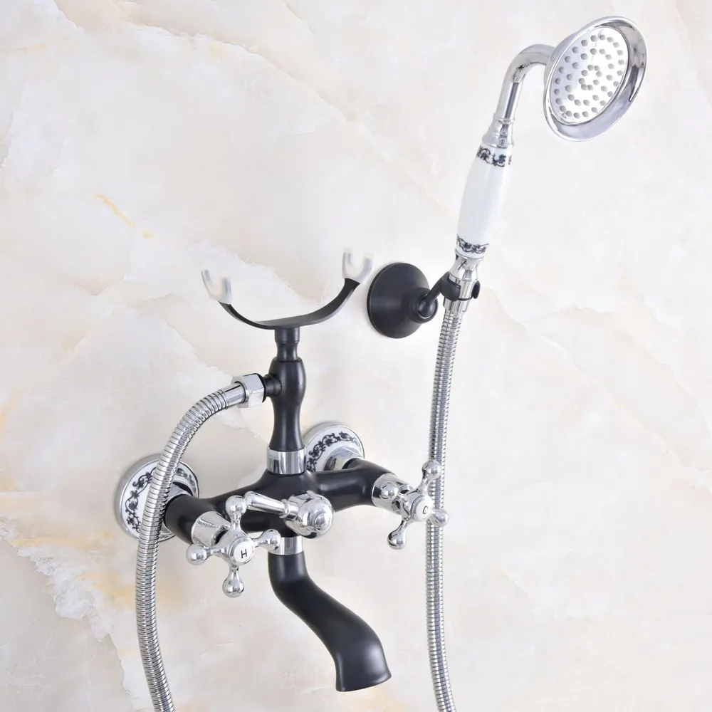 Настенный смеситель для ванны с двойной ручкой черный серебристый смесители и душа ручной душевой лейкой