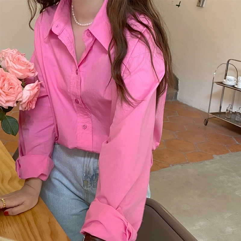 

Summer Vintage Shirts Turn Down Collar Single Breasted Loose Long Sleeve Casual Blouse Korean Chic Tops Blusas Mujer