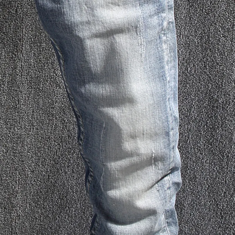 European Vintage Fashion Men Jeans Retro Light Blue Elastic Slim Fit Ripped Jeans Men Korean Designer Casual Denim Pencil Pants