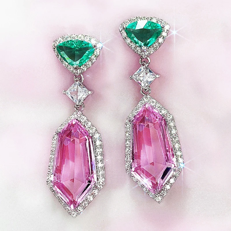 

Luxury Irregular CZ Dangle Earrings for Women Green/White/Pink Stone Aesthetic Lady's Earrings Party Jewelry Trendy