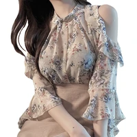 girls ruffles women tops off the shoulder sexy printed shirt flare sleeve korean chiffon blouse