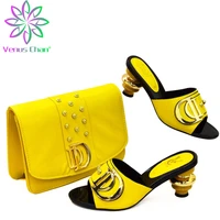 elegant style nigerian women shoes matching bag in yellowcolor african lady shoes and bag set with platform for wedding party