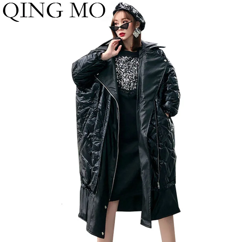 QING MO черные серебристые Фиолетовые женские зимние парки 2019 из искусственной кожи