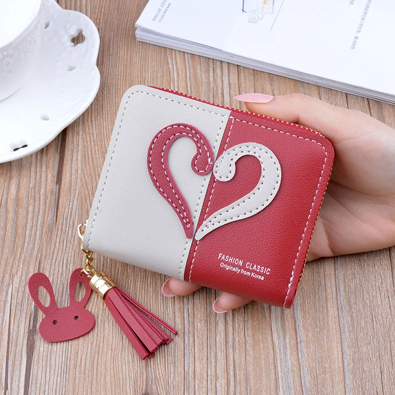 

Patchwork Cute heart Wallet Short Women carteira masculina feminina Zip Purse carteras para mujer Coin Card Holder Leather Money