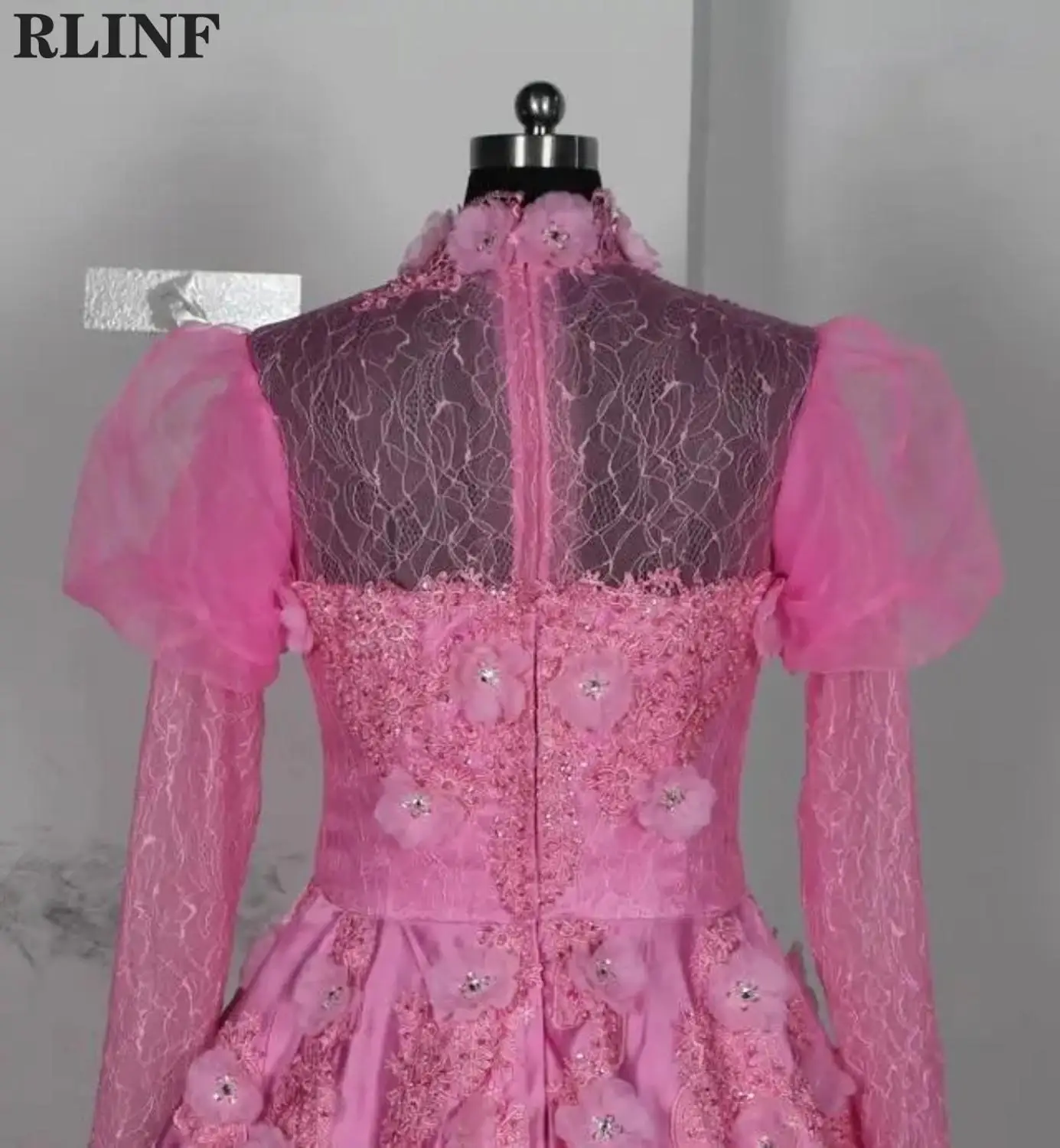

Vintage Hot Pink Sheer Long Sleeves High Neck Beading Flower A Line Custom Formal Evening Dress