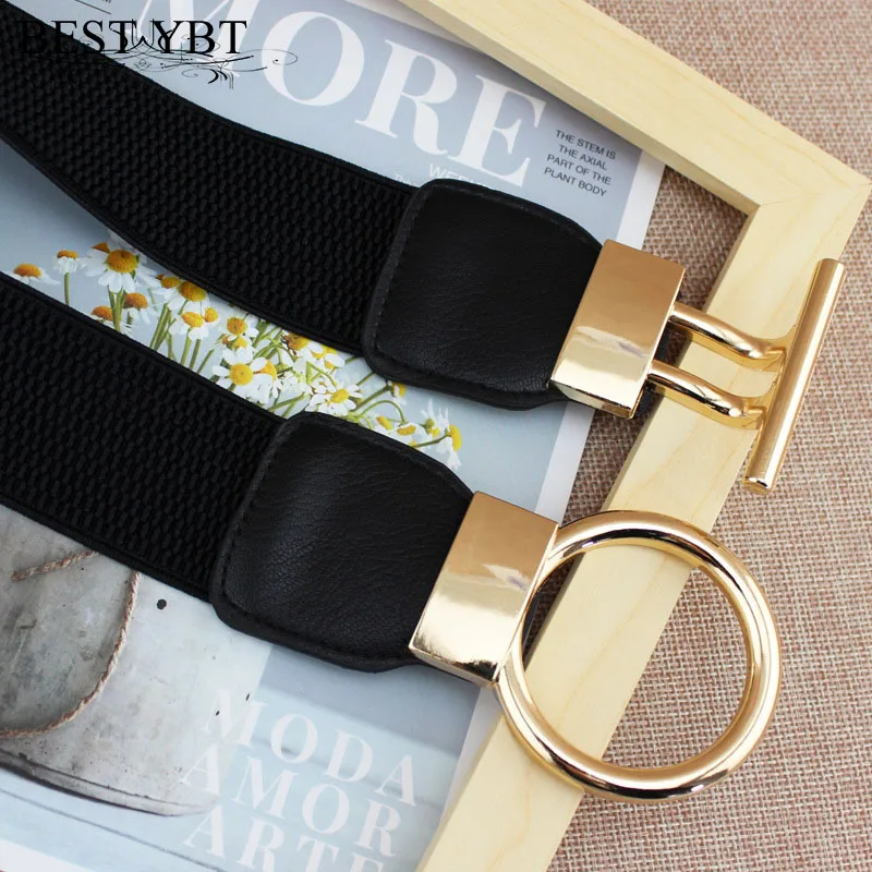 

Best YBT Women Imitation Leather Elastic Band Belt Alloy Gold Circular Hook Buckle Belt 4cm Dress Wide Simple Decorative Belt