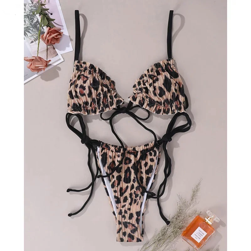 

Леопардовые бикини женские купальники пикантные купальники с рюшами женские купальные костюмы с черными лямками 2021 летний бразильский ком...
