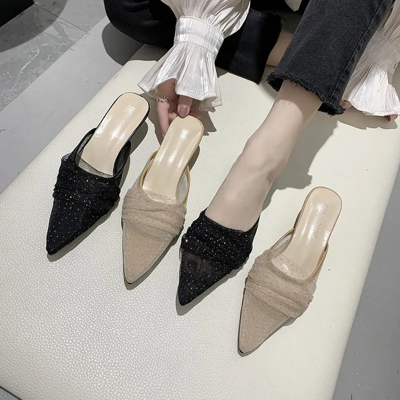 

Thin Heels Slippers Casual Med Female Shoes Shallow Slides Jelly Flip Flops Cover Toe Luxury 2021 Soft Glitter Rubber Fabric Cry