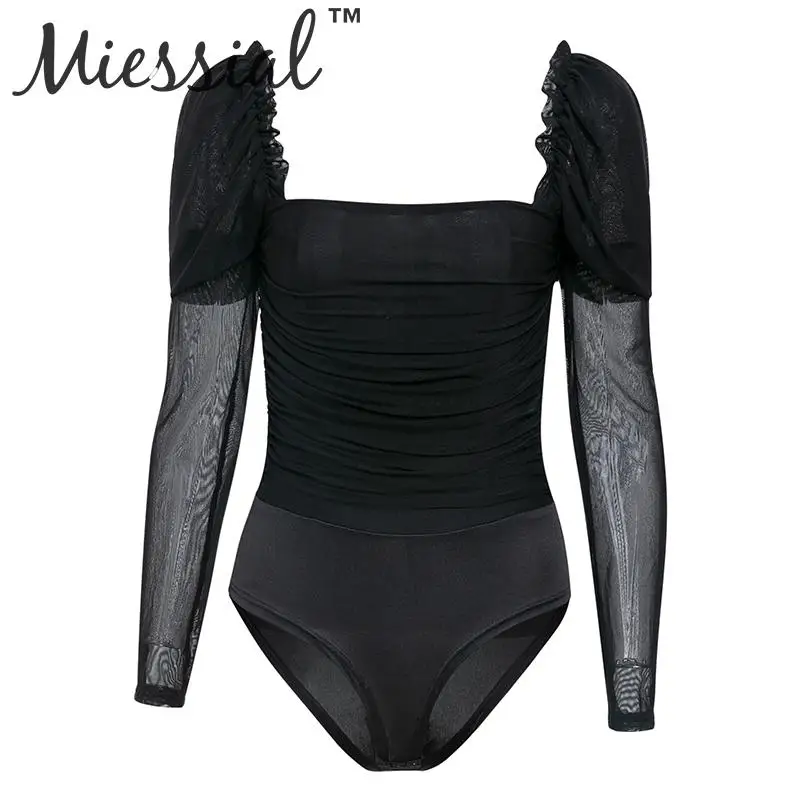 Черный Miessial, прозрачное Сетчатое черное боди, Женская Базовая Блузка с длинным рукавом, боди, сексуальный зимний плиссированный комбинезон с квадратным вырезом - Цвет: Черный
