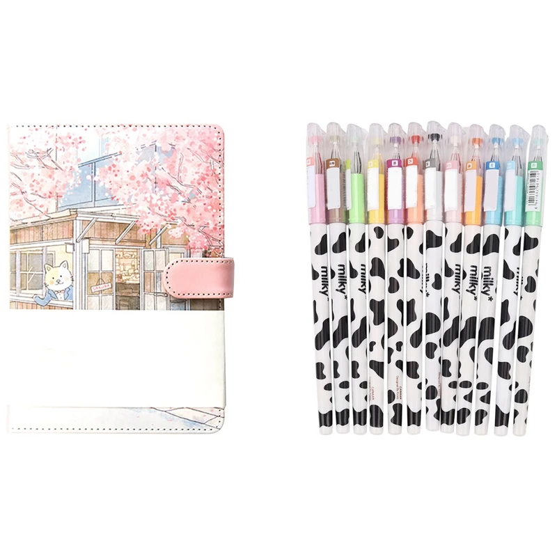 

12 Pcs Gel Pen Tiny Milk Cow Pen School Supplies with Creative Agenda Romance Cherry Blossom Supplies Files-Cherry