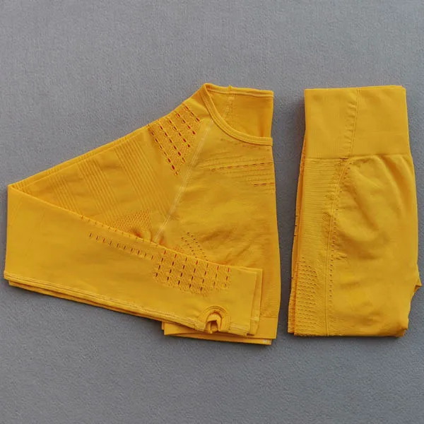 Yellow 2pcs set Женский бесшовный Набор для йоги, одежда для тренировок, Топ с длинным рукавом для фитнеса+ леггинсы с высокой талией, леггинсы, 2 предмета, спортивные костюмы - Цвет: Yellow 2pcs set