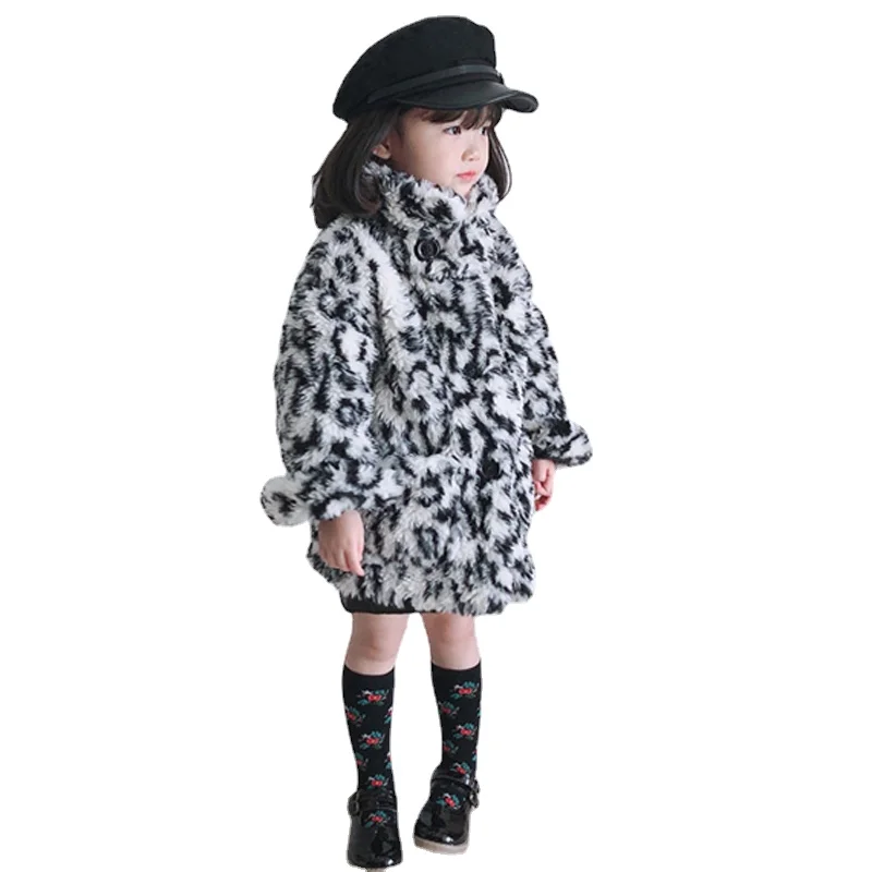 

Winter Children Coat Leopard faux fox fur coat Jacket Baby Girl Outerwear turtleneck Infant Clothing cashmere Warm Jackets