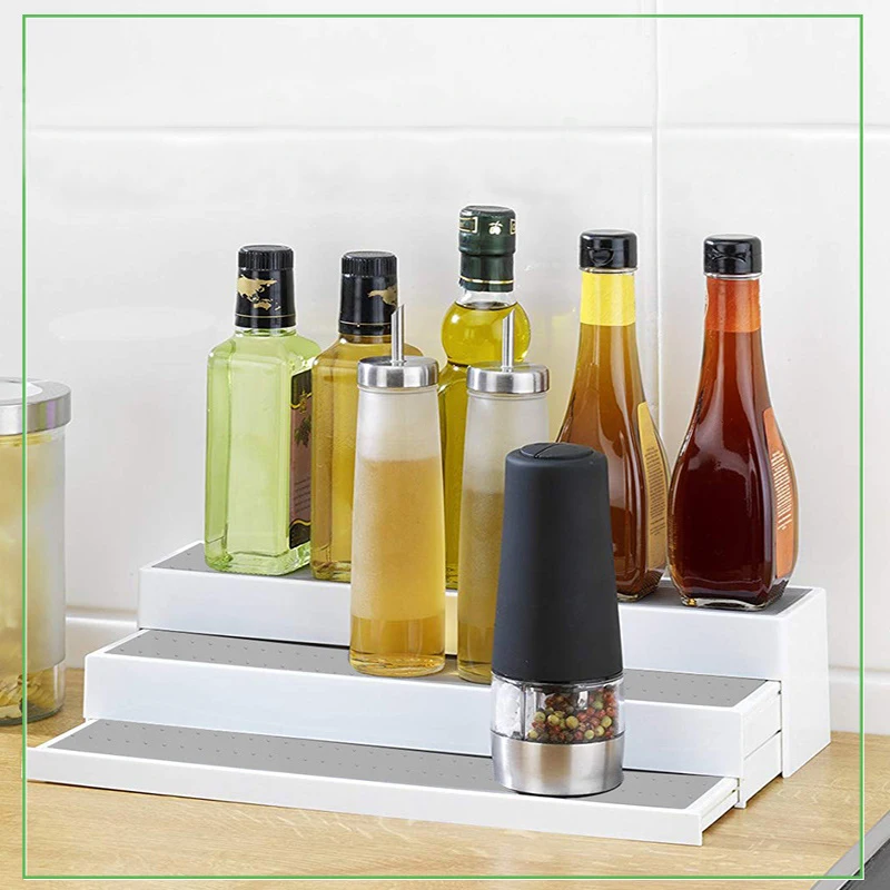 

3-уровневая выдвижная полка для специй, нескользящая полка, кухонный органайзер, стойка для бутылок для приправ для буфета или столешницы