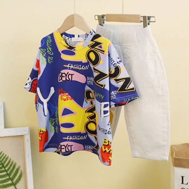 2020 Kids Boys Clothes Boy Summer Clothing Sets Short Sleeves Print Tops Shirt+ pant Suits Children |