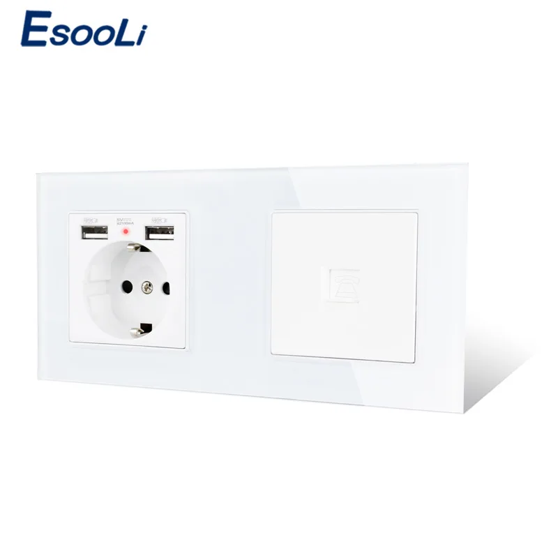 Электрическая розетка Esooli электрическая из закаленного стекла 2 разъема USB + 1
