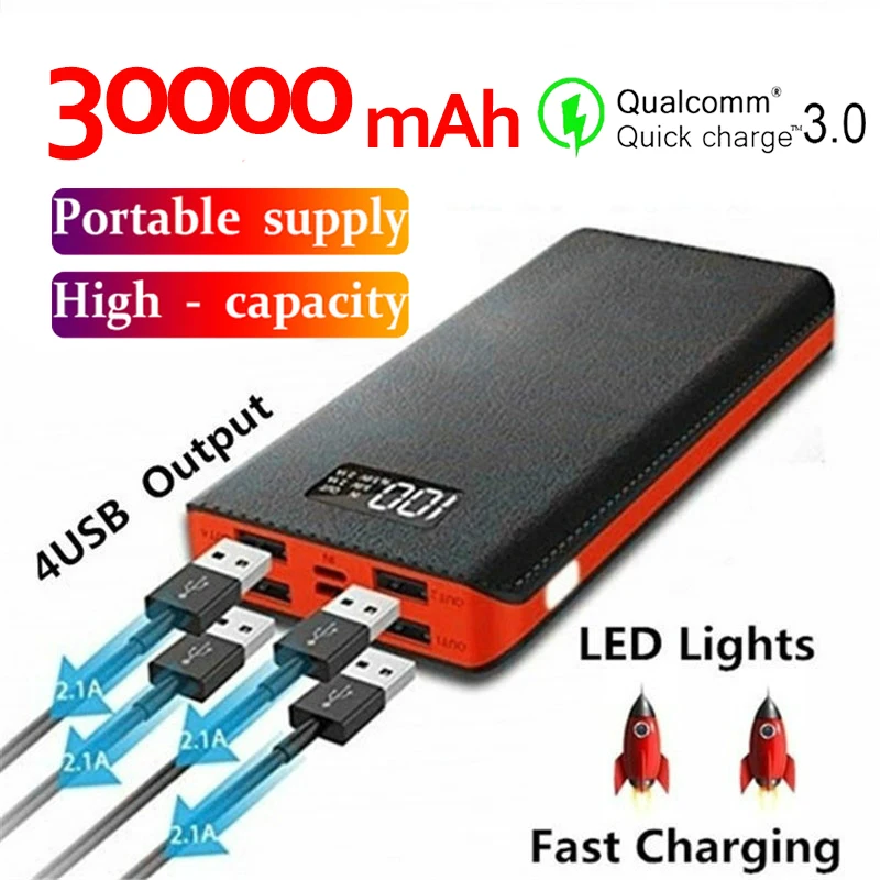 30000mAh внешний аккумулятор портативный 4 USB порты ЖК дисплей светодиодный цифровой