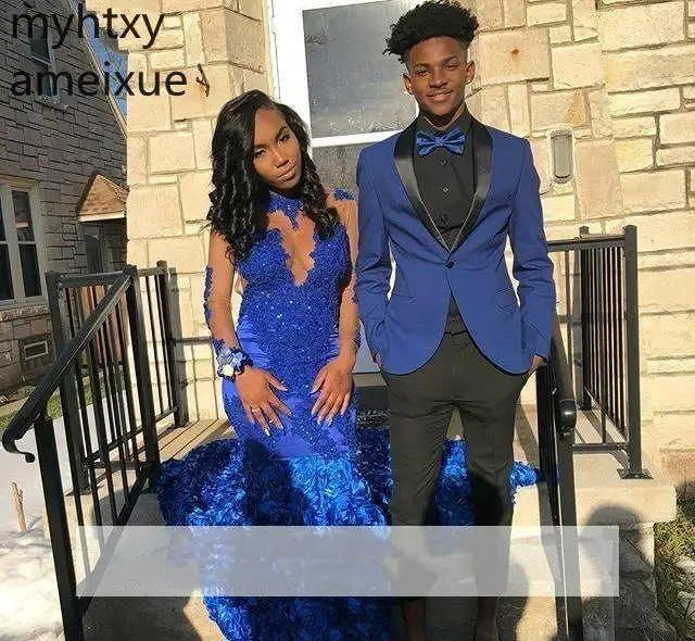 2020 New Arrival Full O-neck Royal Blue Plus Size Prom Dresse Floor-length Sweep Train Mermaid Natural Satin Regular Illusion