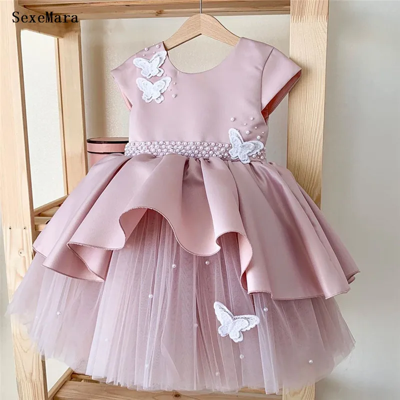 New Pink Infant Girls Dress Cap Sleeve Satin Tulle Knee Length Princess Birthday Party Gown Kid Clothing for Photoshoot