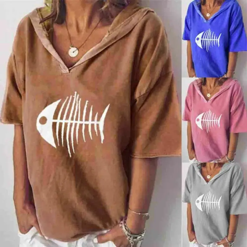 

Women Early Autumn Blouse hoodies Fashion Short Sleeve fish bone Print Lady Tops tee shirt femme V-neck Plus Size Pullover NEW