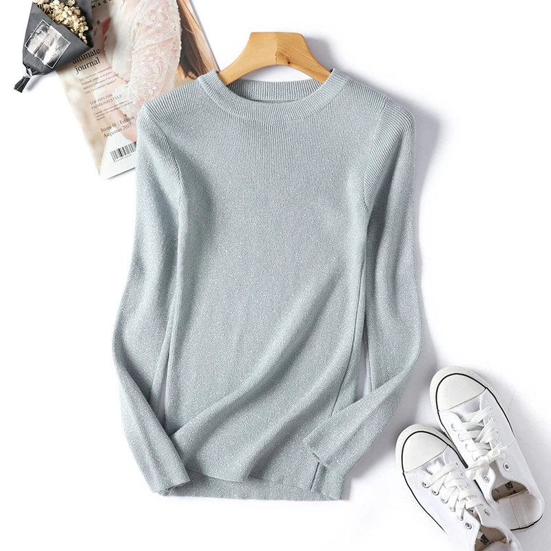 Shiny Lurex Autumn Winter Sweater Women Long Sleeve Pullover Basic Sweaters Knit Tops Femme | Женская одежда