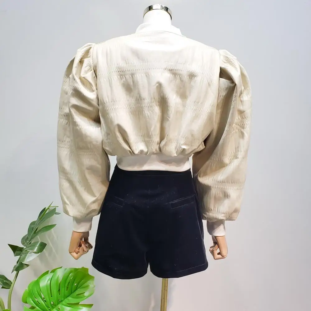 L77street PU embossed sheepskin soft French lantern sleeves short paragraph plus cotton padded cotton clothing leather jacket