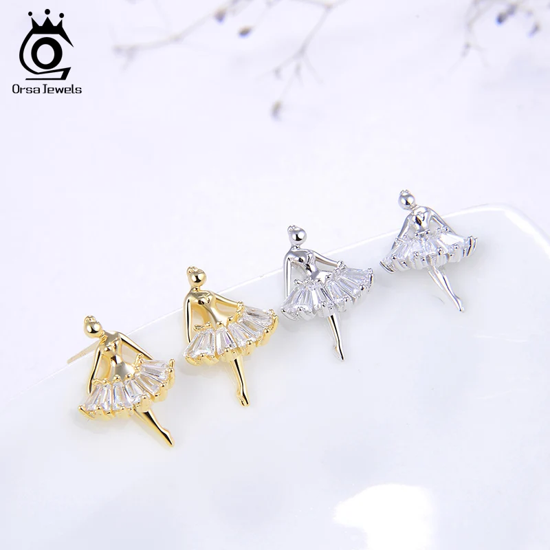ORSA JEWELS, Чистое Серебро S925 пробы, серьги-гвоздики для балета, АААА, кубический циркон, Женский балетник, модное ювелирное изделие SE181