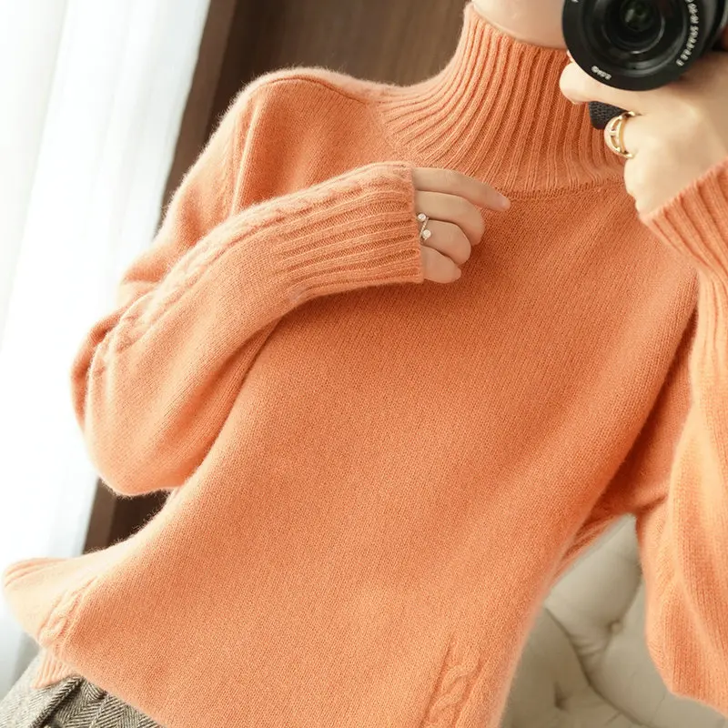 

100% Pure Wool New Cashmere Sweater Woman High Neck Solid Color Pullover Fashion Plus Size Warm Knitted Bottoming Shirt
