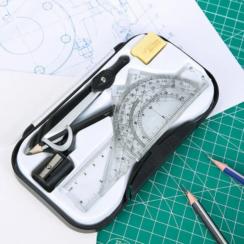 7pcs/set Math Geometry Protractor Drawing Compass Ruler Triangle Study Tool Kit School Supplies | Канцтовары для офиса и дома