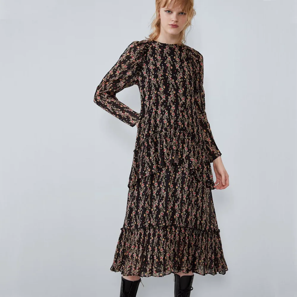 ZA 2019 осеннее новое черное платье с вышивкой модная женская одежда в стиле бохо