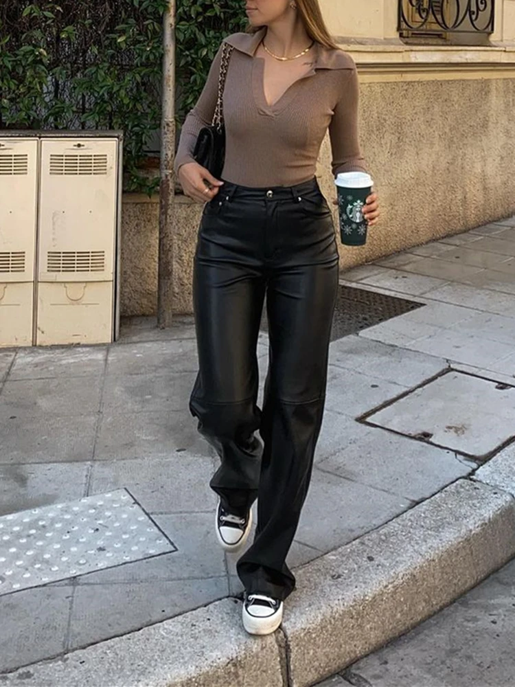 Straight Leather Pants Women High Waist PU Faux Leather Trousers Baggy Patchwork Black Female Streetwear Winter Clothing 2022 images - 6