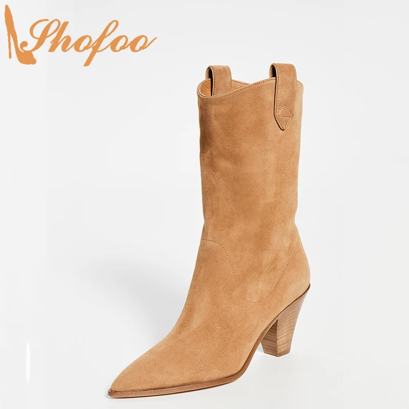 

Brown Flock High Chunky Heels Pointed Toe Mid Calf Boots Slip On Ladies Winter Warm Fashion Large Size 15 16 Women Shoes Shofoo