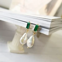 baroque pearl drop earrings for women geometric genuine freshwater pearl earrings green crystal drop earrings